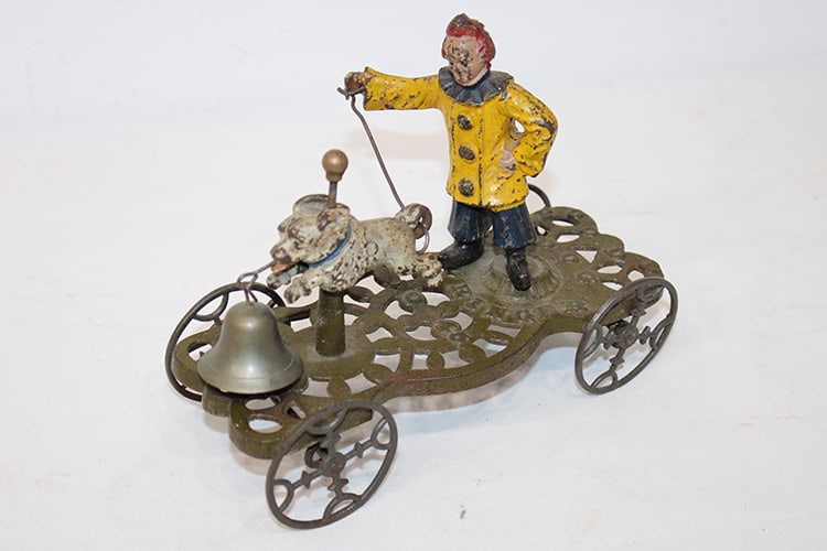 Antique cast iron pull toy "Poodle Dog Bell Ringer". Original paint, estate fresh. Working. Made by (1 of 5)