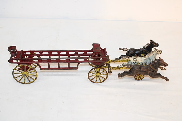 Antique horse drawn cast iron fire wagon. Original paint, estate fresh. No madders or men. Wear (1 of 5)