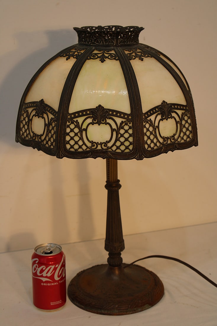 Cute 14" signed Miller panel lamp. Estate fresh, fancy overlay. Glass is in nice condition. 14": Cute 14" signed Miller panel lamp. Estate fresh, fancy overlay. Glass is in nice condition. 14" wide, 21"" tall.