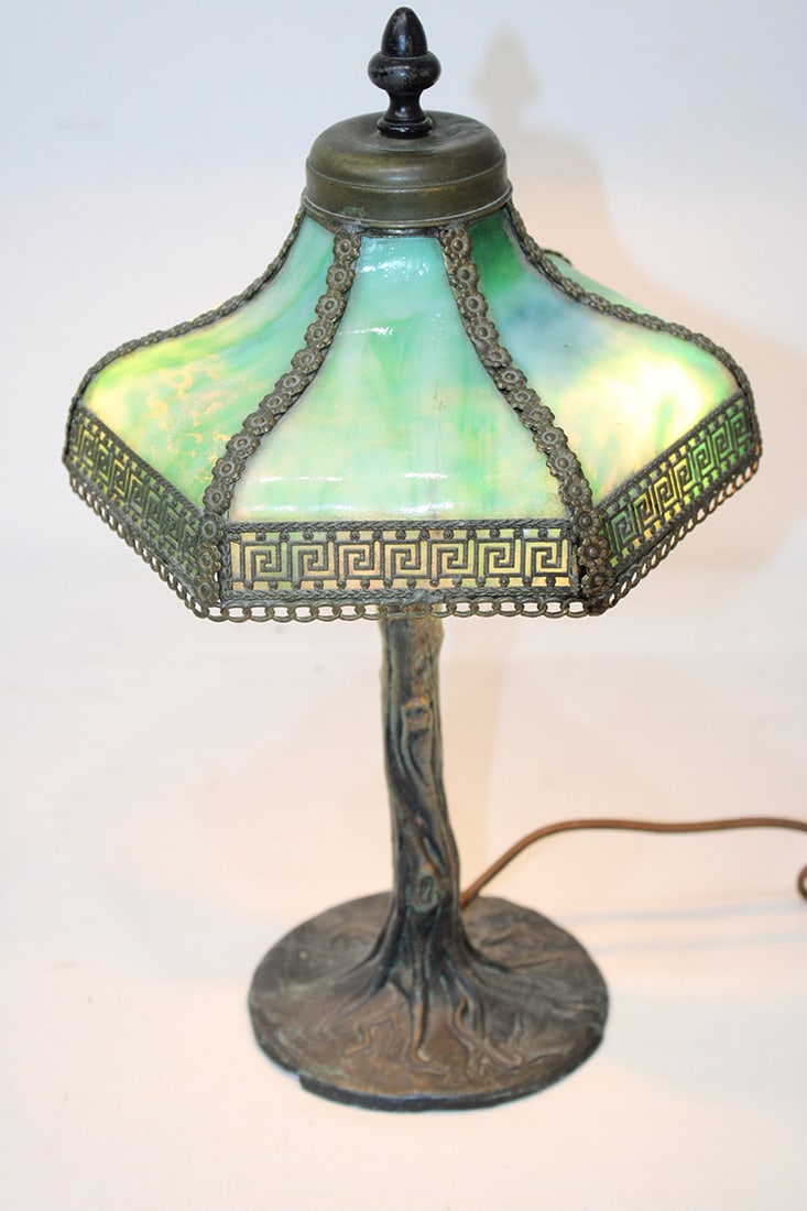 Antique slag glass boudoir lamp with tree trunk base. All good is good. (1 of 5)