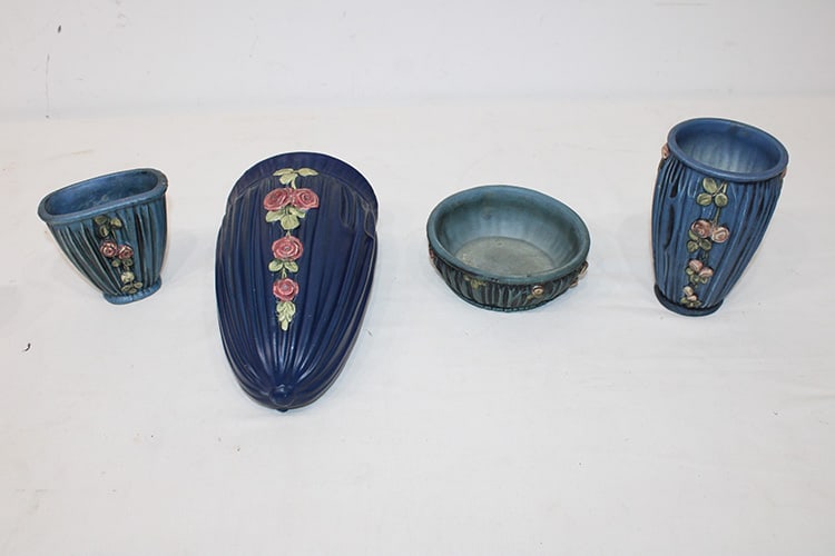 4 early pieces of blue drapery Weller pottery including wall pocket, vases, bowl. Estate fresh in (1 of 4)