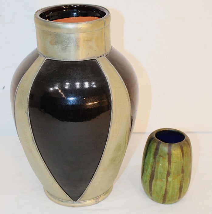 2 pieces of antique arts and crafts style pottery including large 12.5" Redware vase, black glaze (1 of 5)