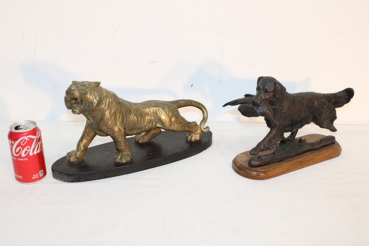 Bronze coated Japanese tiger and a setter carrying a pheasant. Made from resin with an oak base.: Bronze coated Japanese tiger and a setter carrying a pheasant. Made from resin with an oak base. Tiger has repair on the back foot, bird is missing his talon (see photos). Largest is 15".