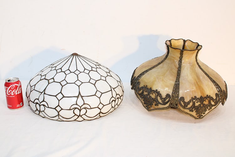 2 antique Victorian shades. White has cracked panels, Carmel has a small hole in the glass (see: 2 antique Victorian shades. White has cracked panels, Carmel has a small hole in the glass (see photo). White one is 16" wide.