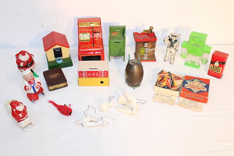 Group of vintage banks, toys, games, etc. Includes a large variety of still banks, games, etc. (1 of 4)