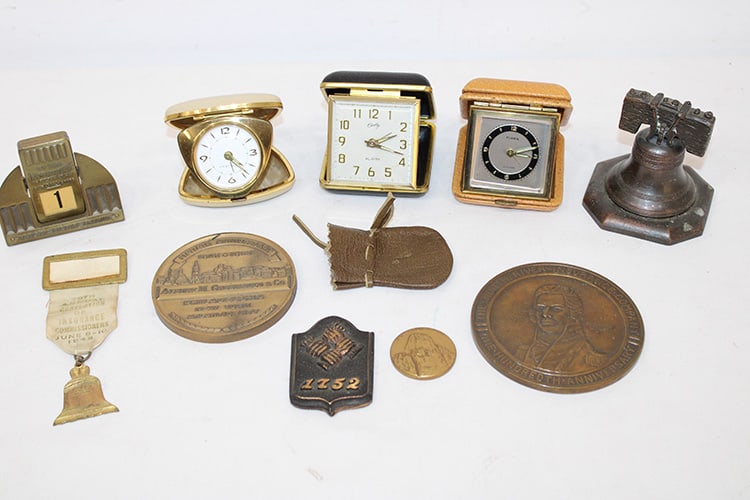 Lot of neat collectibles including insurance advertising, travel clocks, ribbons, etc.: Lot of neat collectibles including insurance advertising, travel clocks, ribbons, etc.