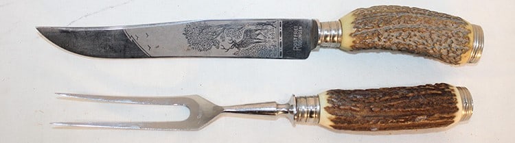 Exceptional Anton Wingen Solingen stag horn engraved cutlery set. Has a large engraved on the blade. (1 of 4)
