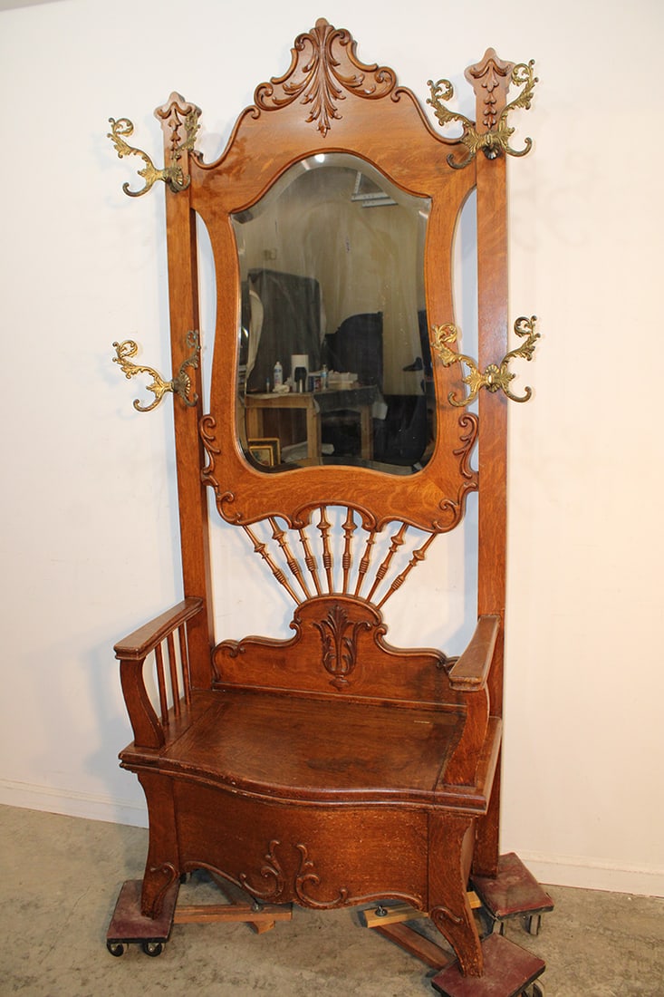 Fancy Lift Seat Oak Hall Tree With A Slick Original Finish (1 of 7)