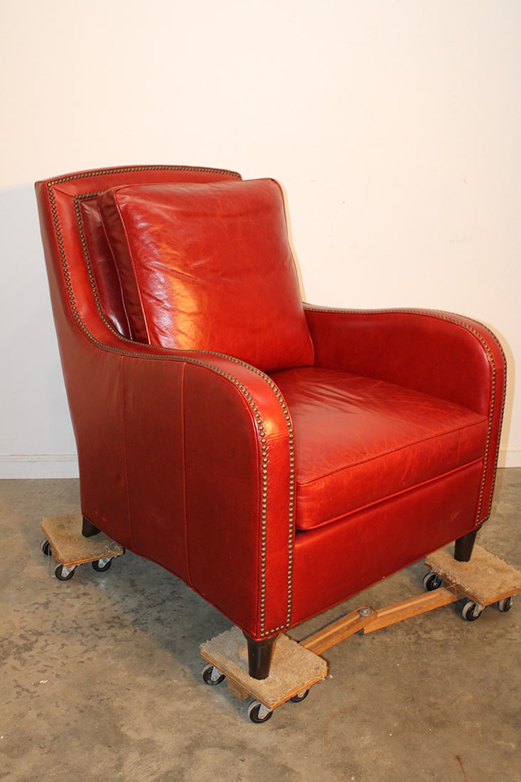 Wonderful Ethan Allen Red Leather Pub Style Chair: Wonderful Ethan Allen red leather pub style chair in great condition. High quality. Estate fresh. Large size. 31" wide, 37" tall, 39" deep.