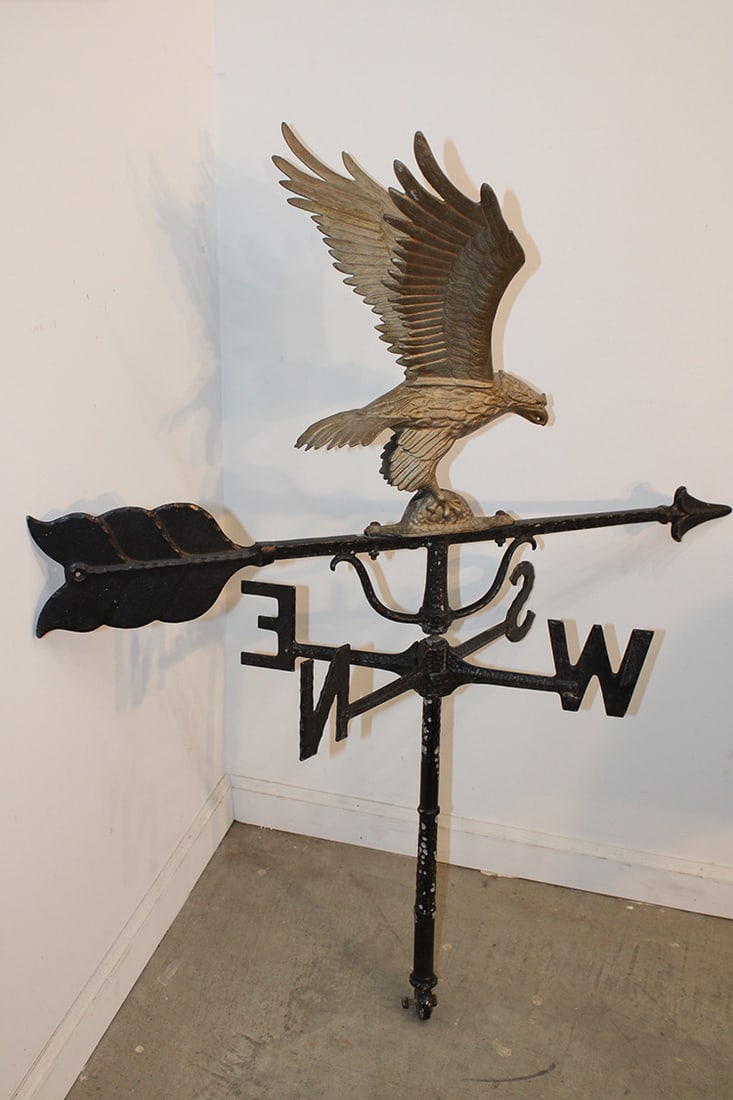 Vintage 1950S Eagle Weathervane With Directionals: Vintage 1950s eagle weathervane with directionals. Cast aluminum, comes apart in 2 pieces. Estate fresh in nice condition. 32" wide, 42" tall, 15" deep.