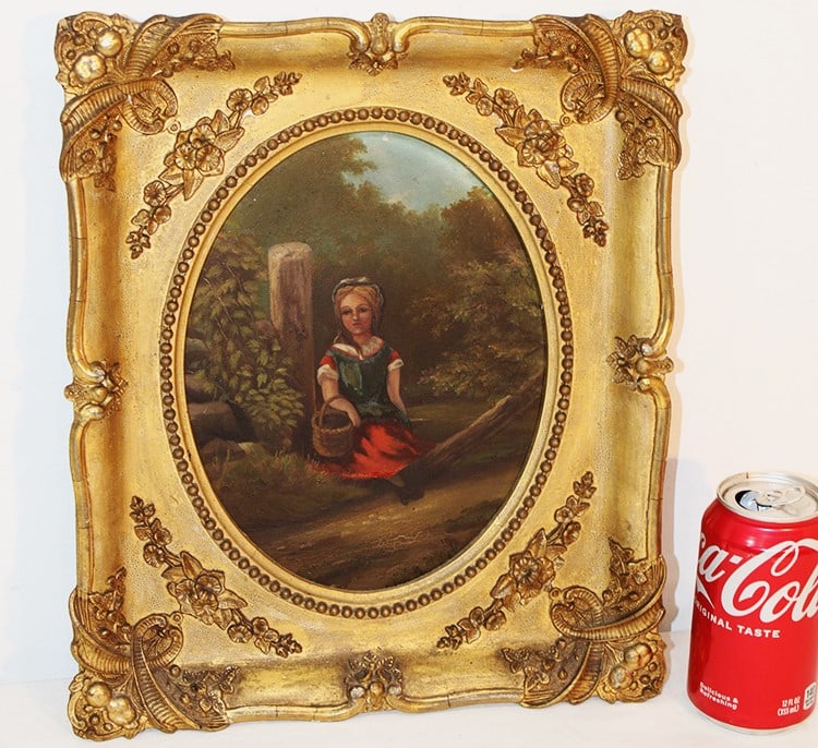Sweet Antique Oil On Board Of A Little Girl Sitting On A Fence: Sweet antique oil on board of a little girl sitting on a fence holding a basket in a fancy Victorian gilded frame (has writing on the back). Estate fresh. Size with frame is 12x14".