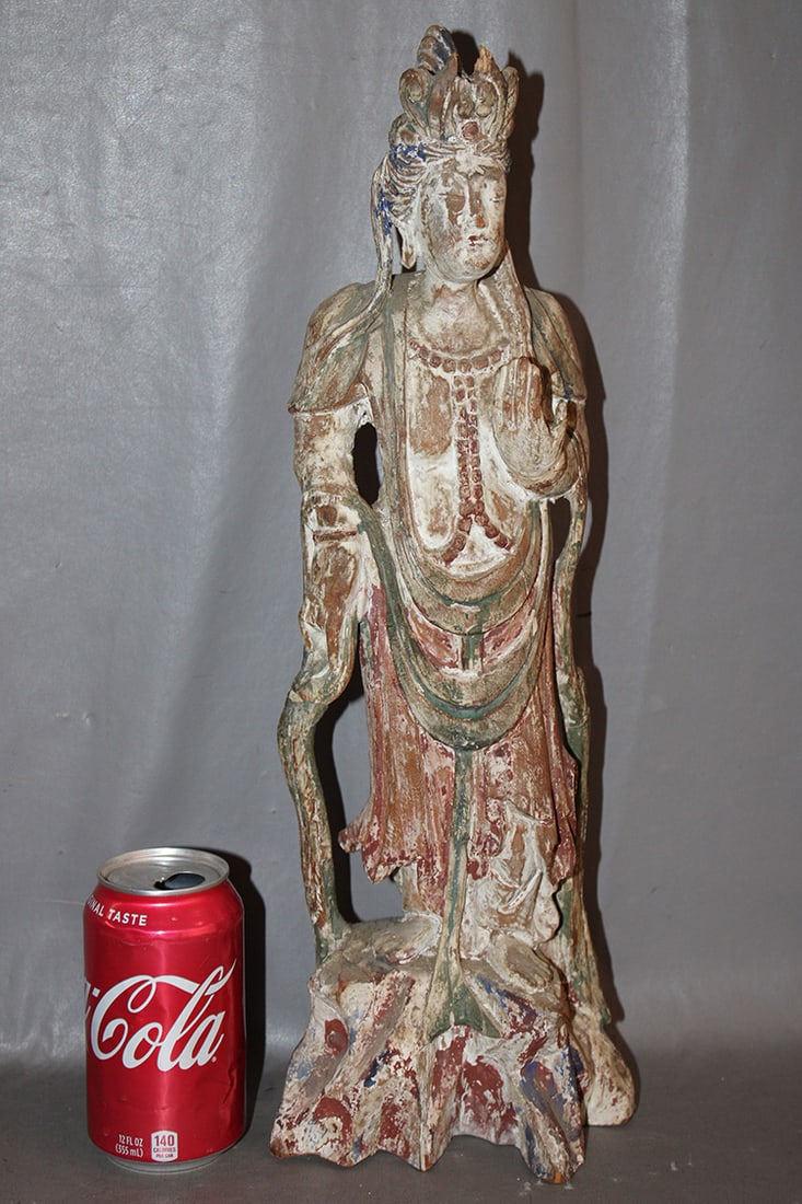 Hand Carved Chinese Polychromatic Carved Figure: Hand carved Chinese polychromatic carved figure. Estate fresh, has a worn paint finish. 5" wide, 18" tall.