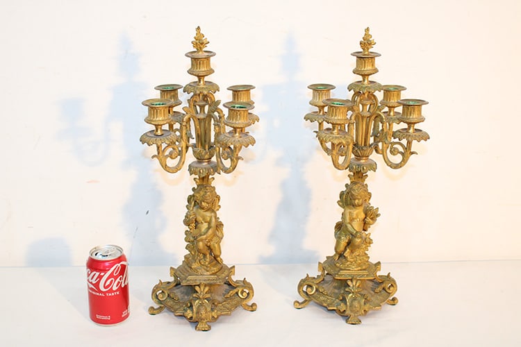 Outstanding Pair Of 19Th C. Dove Bronze Candelabras: Outstanding pair of 19th C. dove bronze candelabras with cherub centers. No breaks. They are beauties. Connecticut estate in nice condition. 7" wide, 19" tall, 7" deep.