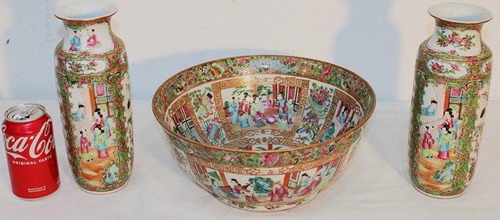 3 Piece Antique Chinese Rose Medallion Bowl And Vases: 3 piece antique Chinese rose medallion bowl and vases. All in nice condition (small spider on the bottom of the bowl (see photo). Connecticut estate. 12" bowl, 10" vases.