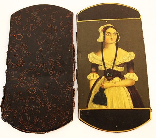 Fabulous 19Th C. Hand Painted (Card Or Cigar Holder): Fabulous 19th C. hand painted (card or cigar holder). Finely painted (probably early to mid 1800s). Very detached, has the front and back, missing the binding (looks to be some sort of leather).