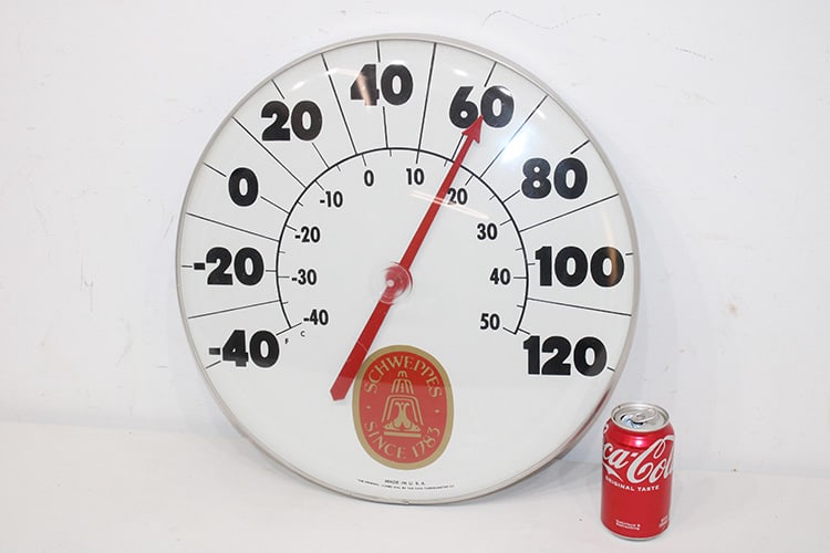 Original Schweppes 18" Jumbo Dial Thermometer: Original Schweppes 18" jumbo dial thermometer by the Ohio Thermometer Co. Working. Most are 12".