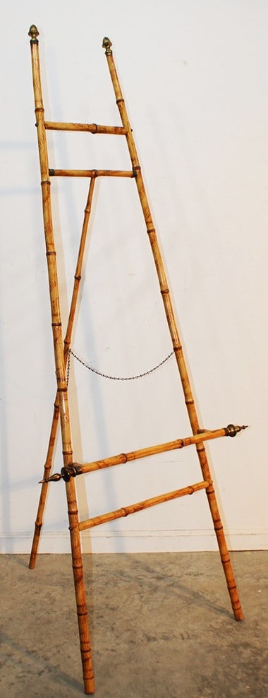 Extra Clean Victorian Bamboo Easel: Extra clean Victorian bamboo easel. Late 19th C. brass finials, foldable back support leg. Estate fresh. 27" wide, 70" tall, 24" deep.