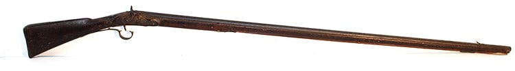 Extremely Early Percussion Long Rifle: Extremely early percussion long rifle as found in the estate. Engraved, has hall marks on the barrel, looks to be figured wood in a very old finish. Has a tag - it belonged to grandpa Alexander. Wall