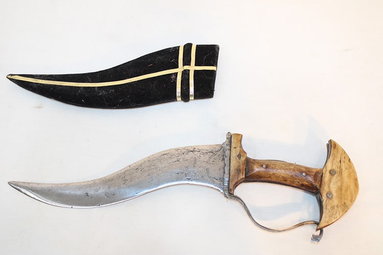 Early Indian Khanjarli Dagger: Early Indian Khanjarli dagger. Curved double edge blade with remanence of engraving on the blade. Newer sheath. Western MA estate. Overall size is appr. 13".