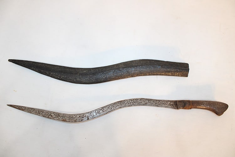Afghan Knife/Short Sword With Engraved S-Shaped Blade: Afghan knife/short sword with engraved S-shaped blade and sheath. Very early. Western MA estate. Overall 22" long.
