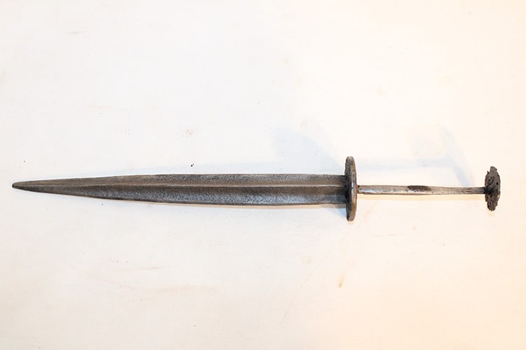 Ancient Medieval Dagger: Ancient medieval dagger. "Against Coats of Chain". Possibly 13th or 14th century. Western MA estate. Overall length is 12".