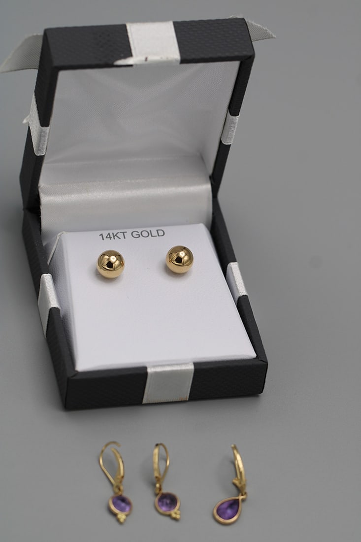 2- 14K Gold Ball Stud Earring & 3- 14K Amethyst Earrings (1 of 4)