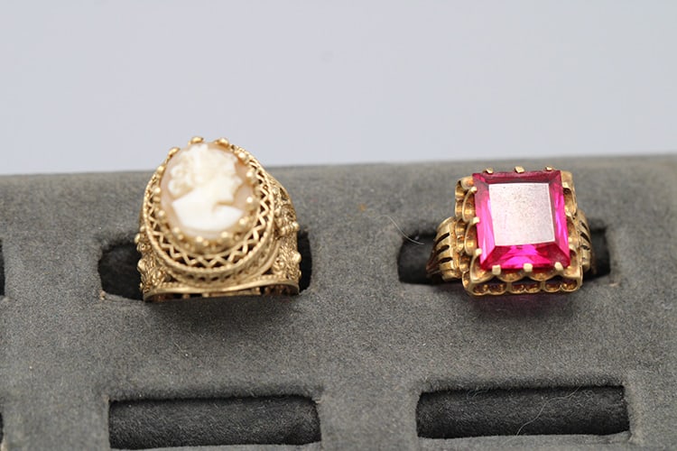 2 Fancy 14K Gold Rings, One with Ornate Scroll Design, 6.9 Dwt.: 2 Fancy 14K Gold Rings, One with Ornate Scroll Design, 6.9 Dwt. Both are nice condition, approximate size 5 & 5.75. Pittsfield estate.