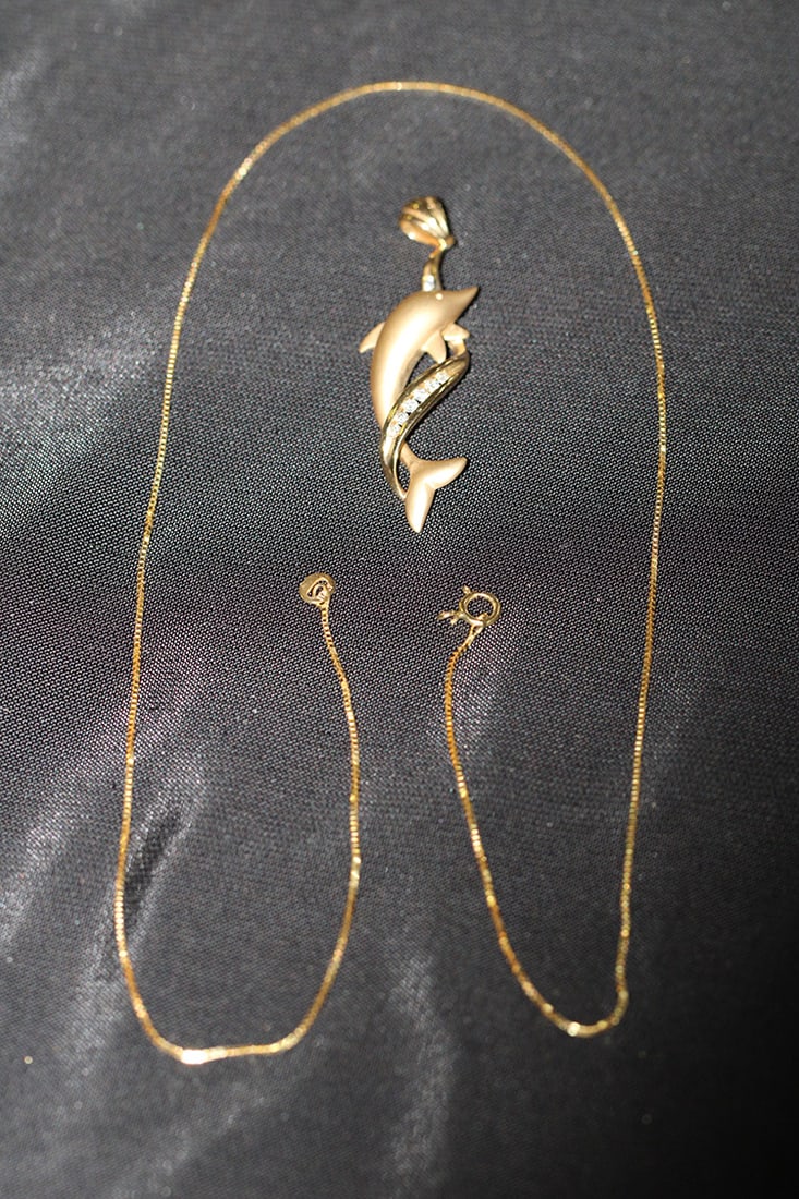 14K Gold Dolphin Diamond Pendant & Chain 4.1 Dwt.: 14K Gold Dolphin Diamond Pendant & Chain 4.1 Dwt. Has a 2014 appraisal of $990.00, has 8 channel set round brilliant cut diamonds that are .14 carats. 17" long chain. Vermont estate.