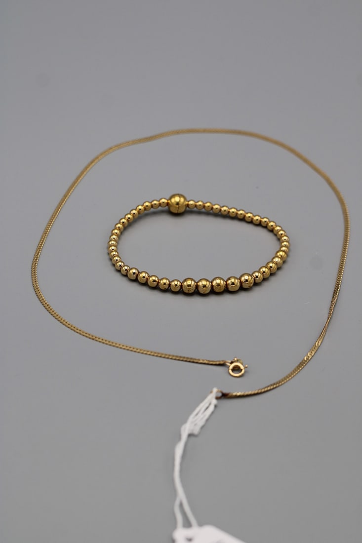 18" - 14K Gold Necklace, 7" Beaded 14K Bracelet (6 Dwt) (1 of 3)