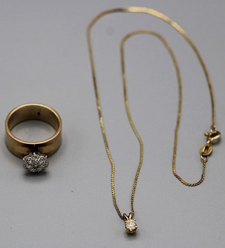 14K Gold Diamond Ring, Chain, & Pendant: 14K Gold Diamond Ring, Chain, & Pendant. All nice condition. Ring approximate size 7 (4.9 Dwt), Chains 15" (1 Dwt). Vermont estate.