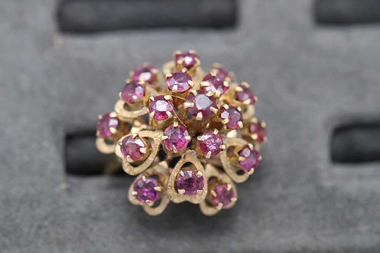 10K Gold Thai Princess Ring, Studded with Faceted Garnets 3.9 Dwt.: 10K Gold Thai Princess Ring, Studded with Faceted Garnets 3.9 Dwt. Pretty cocktail ring, approximate size 5, marked 8K but tested at 10K. Vermont estate.