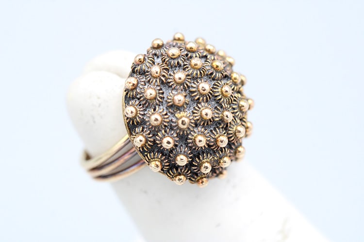 Solid 14K Ring with Mushroom Floral Top, 5 Dwt.: Solid 14K Ring with Mushroom Floral Top, 5 Dwt. Nice condition, approximate size 3, marked 18K but tested at 14K. Vermont estate.