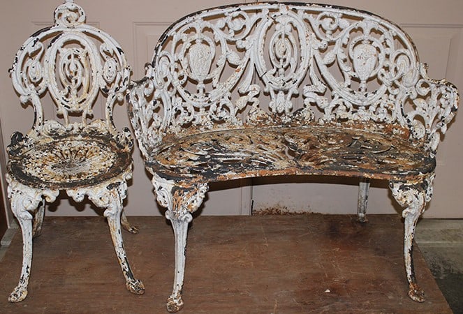 Antique 2 Piece Cast Iron Settee & Chair with Drapes & Cameos: Antique 2 Piece Cast Iron Settee & Chair with Drapes & Cameos. Versailles Pattern made by Atlanta Stove Works. All in good condition, needs painting. Albany estate. 37" wide, 31" tall, 17" deep.