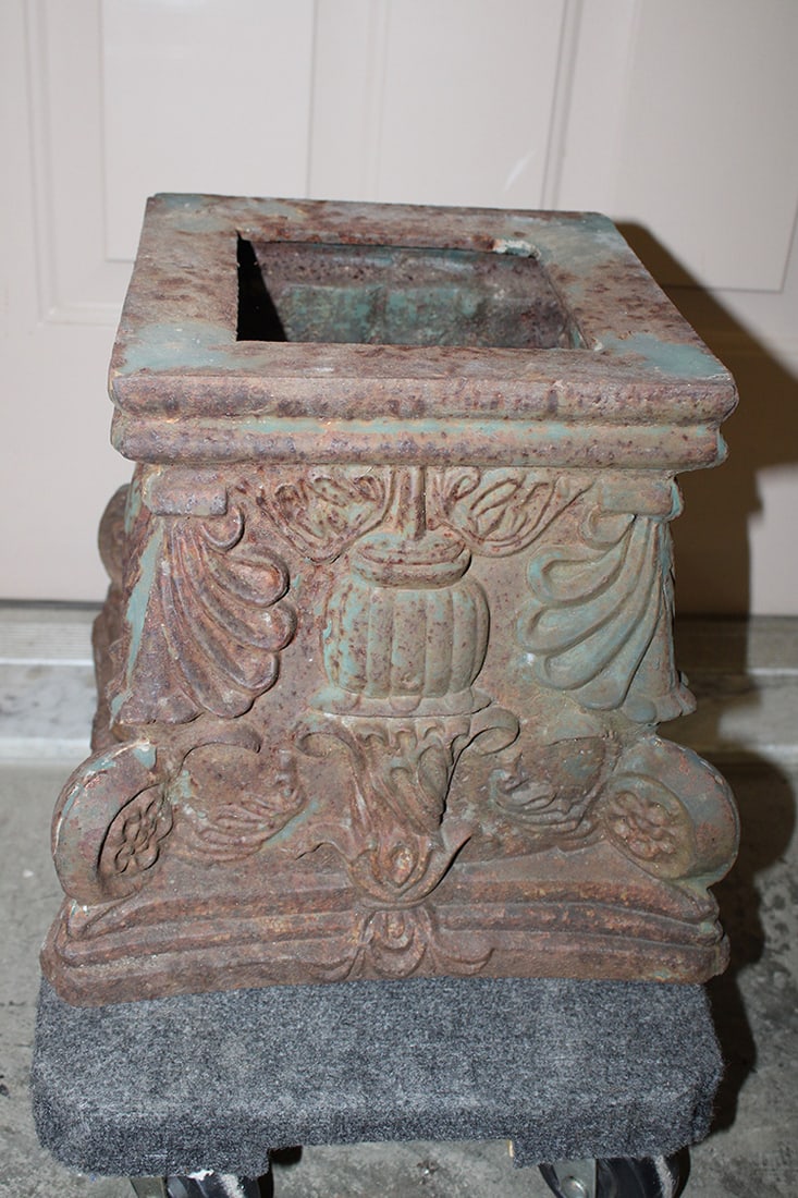 Heavy Cast Iron Pedestal with all over Fancy Designs: Heavy Cast Iron Pedestal with all over Fancy Designs. Perfect for a Plant. 13" wide, 11" tall, 13" deep.