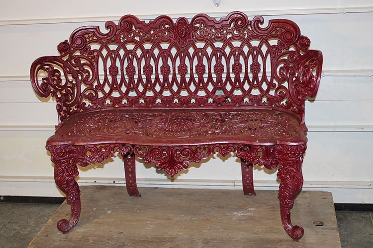 Exceptional Antique Cast Iron Bench with Maiden Head Back: Exceptional Antique Cast Iron Bench with Maiden Head Back. All kind of intricate decoration, no breaks or cracks. Albany estate. 45" wide, 32" tall, 16" deep.