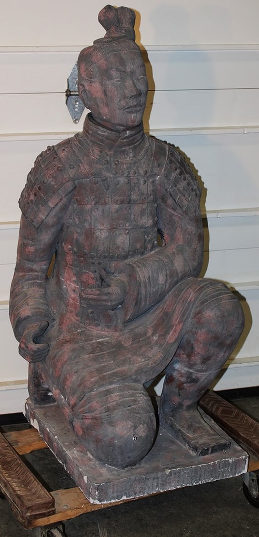 Life Size Chalk Replica of Chinese Qin Dynasty Warrior: Life Size Chalk Replica of Chinese Qin Dynasty Warrior. Has a removeable head. Small chip on the base (see photo). Estate fresh, very heavy. 22" wide, 47" tall, 24" deep.