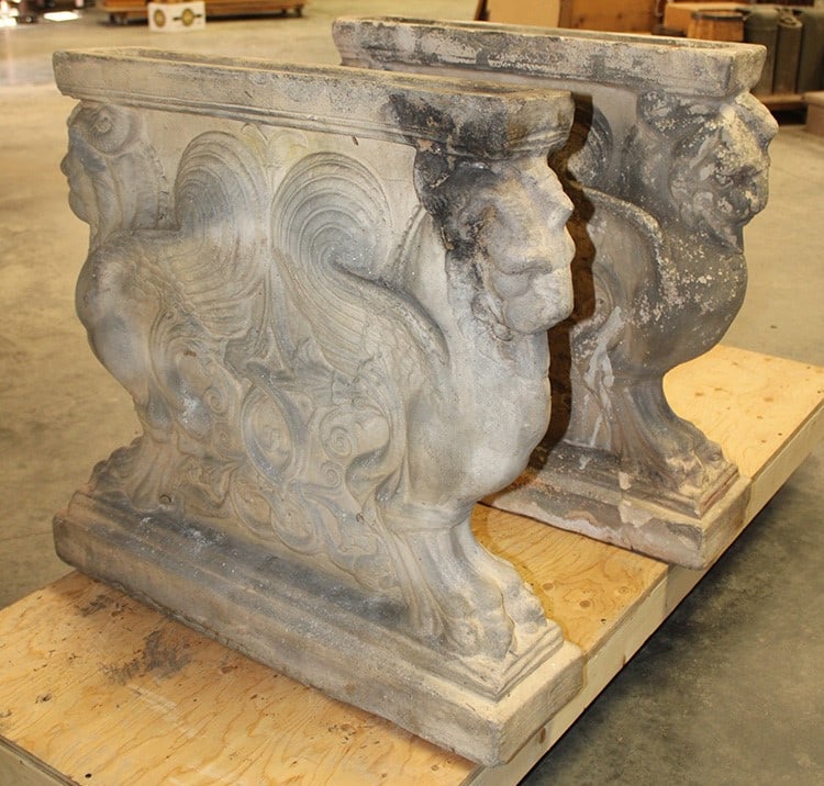 Monumental Pair of 19th C. Terra Cotta Griffin Supports: Monumental Pair of 19th C. Terra Cotta Griffin Supports. Very Heavy, has some damage on one foot (see photo) that doesn't effect the stability. Also comes with a large white Corteva Marble (do no