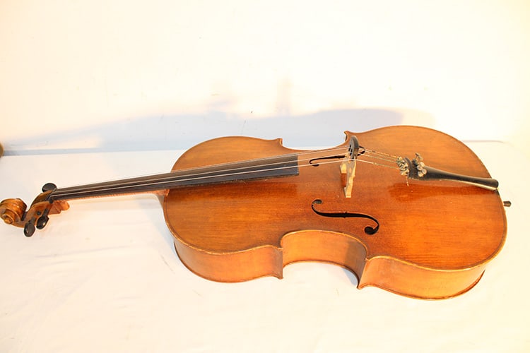 Nice Full Size Cello Marked Anton Schroetter: Nice Full Size Cello Marked Anton Schroetter. Copy of a Stradivarius, Tiger maple neck, original soft case, made in Germany. Estate fresh. Back approximately 30", overall 49".