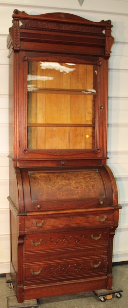 Unusual 33" wide Walnut & Burl Cylinder Roll Secretary (1 of 6)