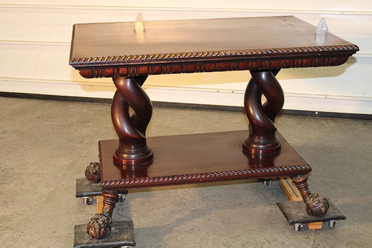 Monumental Merklen Center Table with Huge Twisted Pedestals: Monumental Merklen Center Table with Huge Twisted Pedestals. With massive walrus ball feet, in nice original finish. Kinderhook estate. 40" wide, 28" tall, 27" deep.