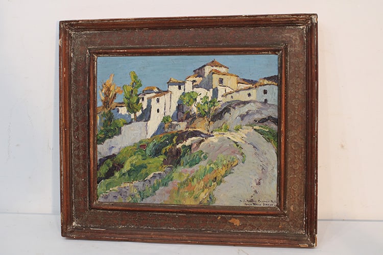 Artist Signed Impressionist Painting of Grazalema Spain 1934: Artist Signed Impressionist Painting of Grazalema Spain 1934. Signed on the bottom corner, marked the town and date on the back. Thick paint (impasto), looks to be the original frame, estate fresh.