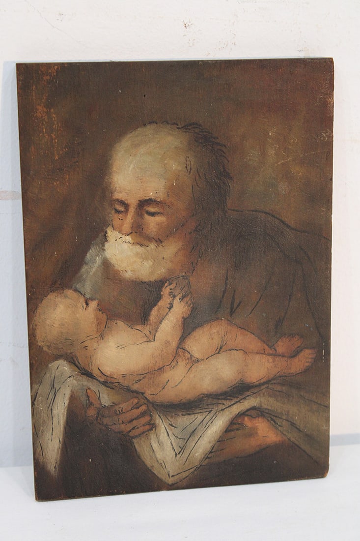 Antique Hand Painted Oil on Panel of St. Joseph with Infant Jesus (1 of 6)