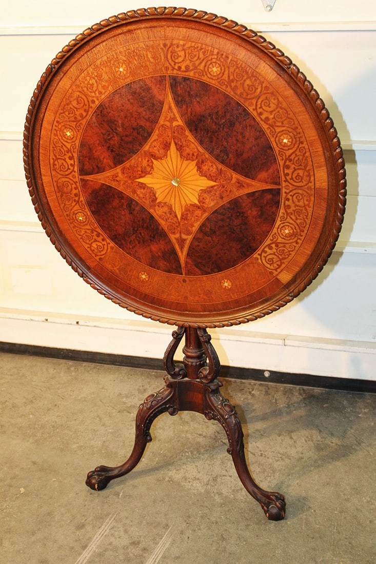 Exceptional Inlaid Tilt Top Table with Bird Feet: Exceptional Inlaid Tilt Top Table with Bird Feet. Labeled Duler-Close Furniture. Nice original finish, bird claw and ball feet, M.O.P. inlay. All in nice condition from a Hudson estate. 25" wide, 29"