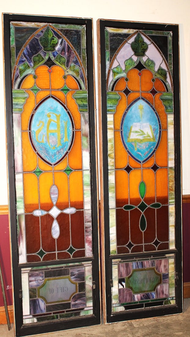 2 of the Nicest 7' X 2' Leaded Windows: 2 of the Nicest 7' X 2' Leaded Windows. Crown on top, great multi-colored, in the original frame. Few small cracks.