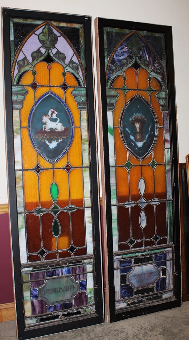 2 of the Nicest 7' X 2' Leaded Windows: 2 of the Nicest 7' X 2' Leaded Windows. Crown on top, great multi-colored, in the original frame. Few small cracks.
