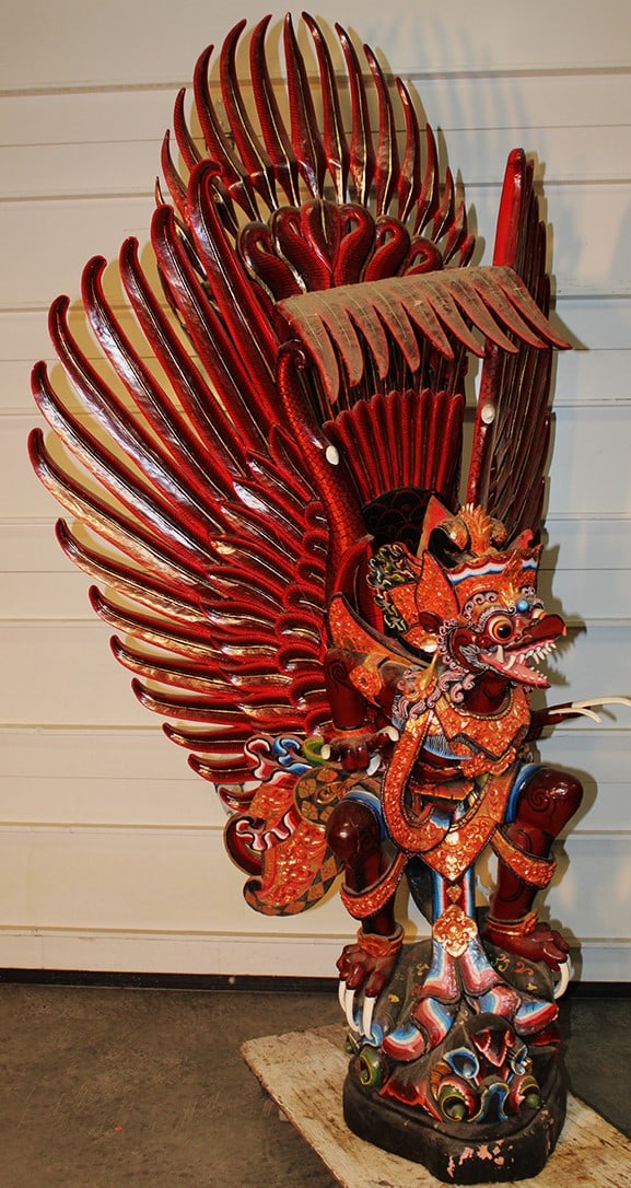 Huge 80" Carved Balinese Garuda Sculpture: Huge 80" Carved Balinese Garuda Sculpture. Very vivid colors, comes apart for moving. Estate fresh.