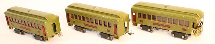 3 - Standard Guage Passenger Cars, 2 - 337 Pullman, 1 - 338 Observation: 3 - Standard Guage Passenger Cars, 2 - 337 Pullman, 1 - 338 Observation. Original condition from Agawam, MA estate. Very heavy, has wear, olive green. Approximately 12" wide.