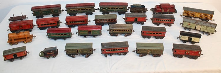 26 Vintage Ives Railroad Cars: 26 Vintage Ives Railroad Cars. Has wear, from Agawam Ma estate.