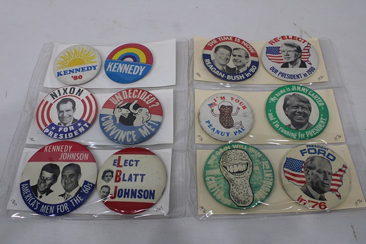 12 Large 1960-1980 Political Pins: 12 Large 1960-1980 Political Pins. All original approximately 3.5"-4". Estate fresh.