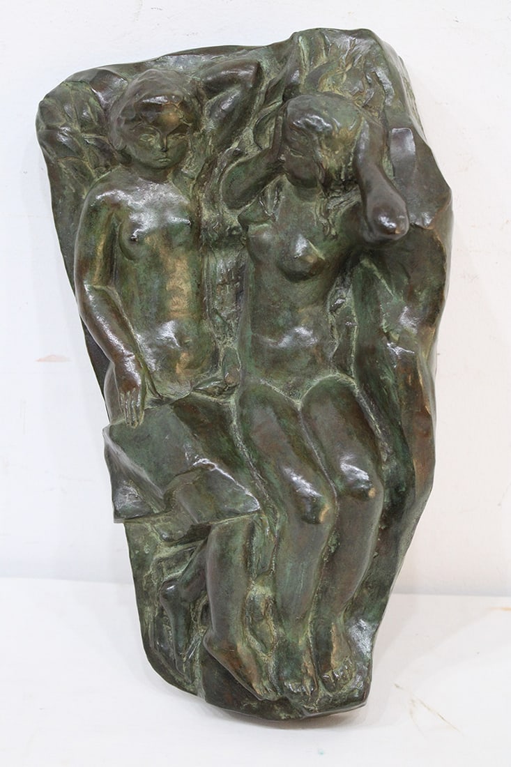 Wonderful Vintage Oriental Signed Bronze of 2 Nude Women: Wonderful Vintage Oriental Signed Bronze of 2 Nude Women. Laying down, greenish brown patina, nice condition. 11" wide, 16" tall, 6" deep.